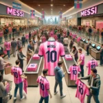 "Personas comprando camisetas de Messi con el número 10 en un centro comercial"