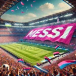 "Tribunas del estadio del Inter de Miami celebrando un nuevo campeonato con una bandera gigante que dice Messi"