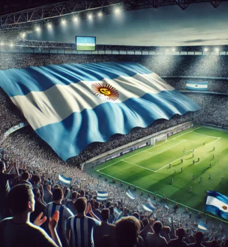 Estadio lleno de fanáticos con una gran bandera argentina ondeando en las gradas.