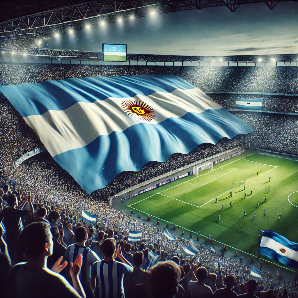 Estadio lleno de fanáticos con una gran bandera argentina ondeando en las gradas.