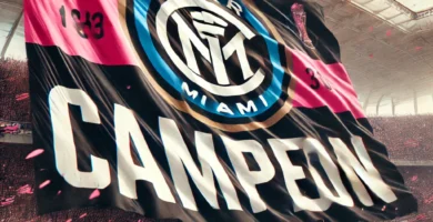 Bandera del Inter de Miami con la leyenda "Campeón" ondeando en un estadio lleno de aficionados.