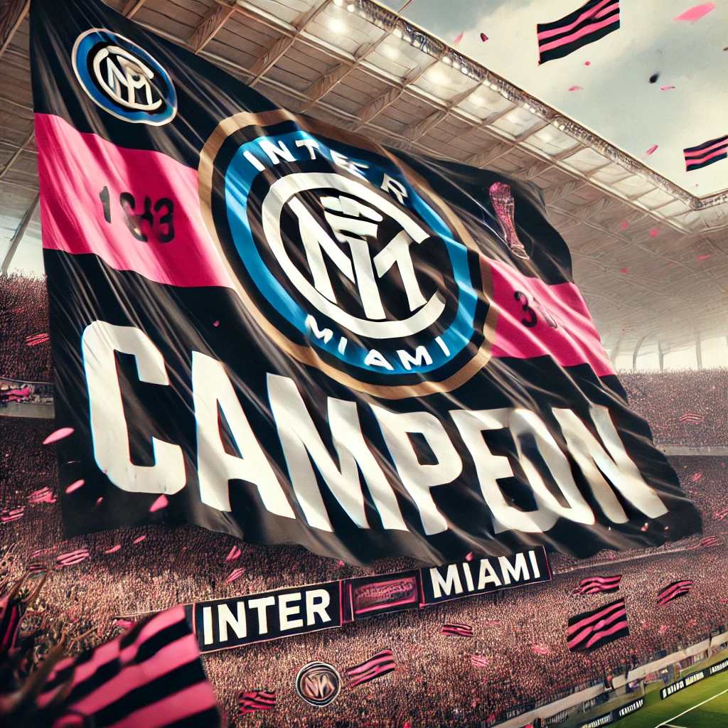 Bandera del Inter de Miami con la leyenda "Campeón" ondeando en un estadio lleno de aficionados.