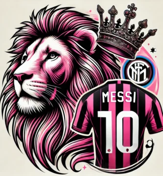 "León majestuoso con colores rosado y negro, usando una corona y una camiseta con el número 10 de Messi, representando poder y grandeza en el Inter de Miami."