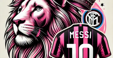 "León majestuoso con colores rosado y negro, usando una corona y una camiseta con el número 10 de Messi, representando poder y grandeza en el Inter de Miami."