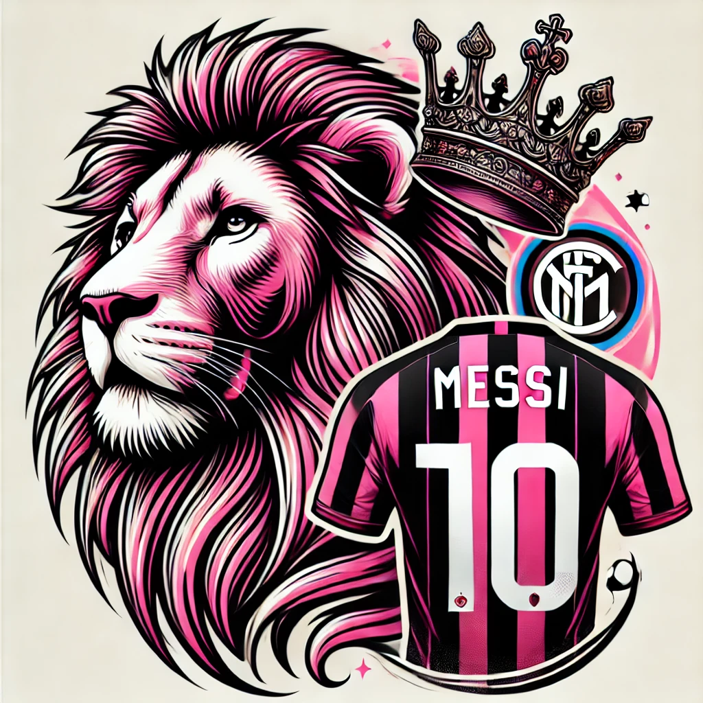 "León majestuoso con colores rosado y negro, usando una corona y una camiseta con el número 10 de Messi, representando poder y grandeza en el Inter de Miami."