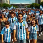 "Grupo de fanáticos de todas las edades caminando hacia el Estadio Monumental con la camiseta número 10 de Argentina."