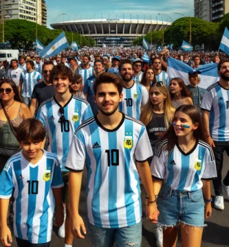 "Grupo de fanáticos de todas las edades caminando hacia el Estadio Monumental con la camiseta número 10 de Argentina."