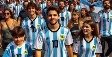 "Grupo de fanáticos de todas las edades caminando hacia el Estadio Monumental con la camiseta número 10 de Argentina."